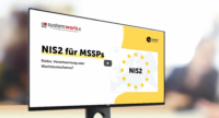 Monitor showing a slide titled 'NIS2 für MSSPs' with yellow highlights and a world/EU stars graphic in the corner.