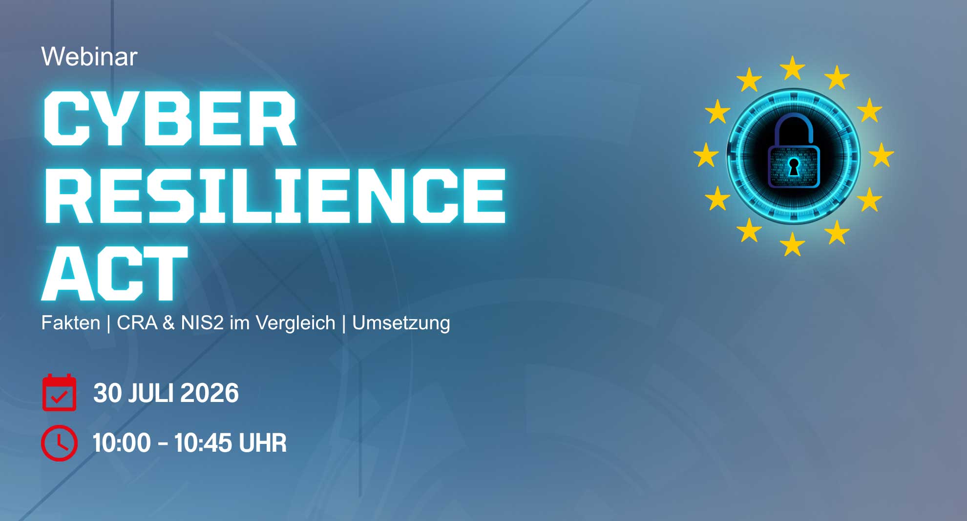 Promo banner for a webinar: CYBER RESILIENCE ACT with a lock and EU-styled stars on the right; German subtitle below the title.